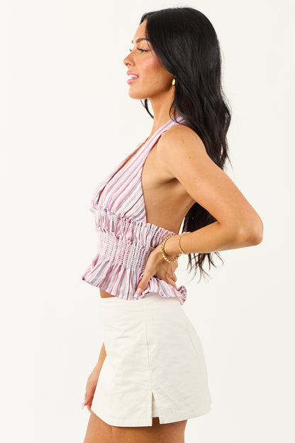 Ivory Striped V Neck Halter Cotton Crop Top
