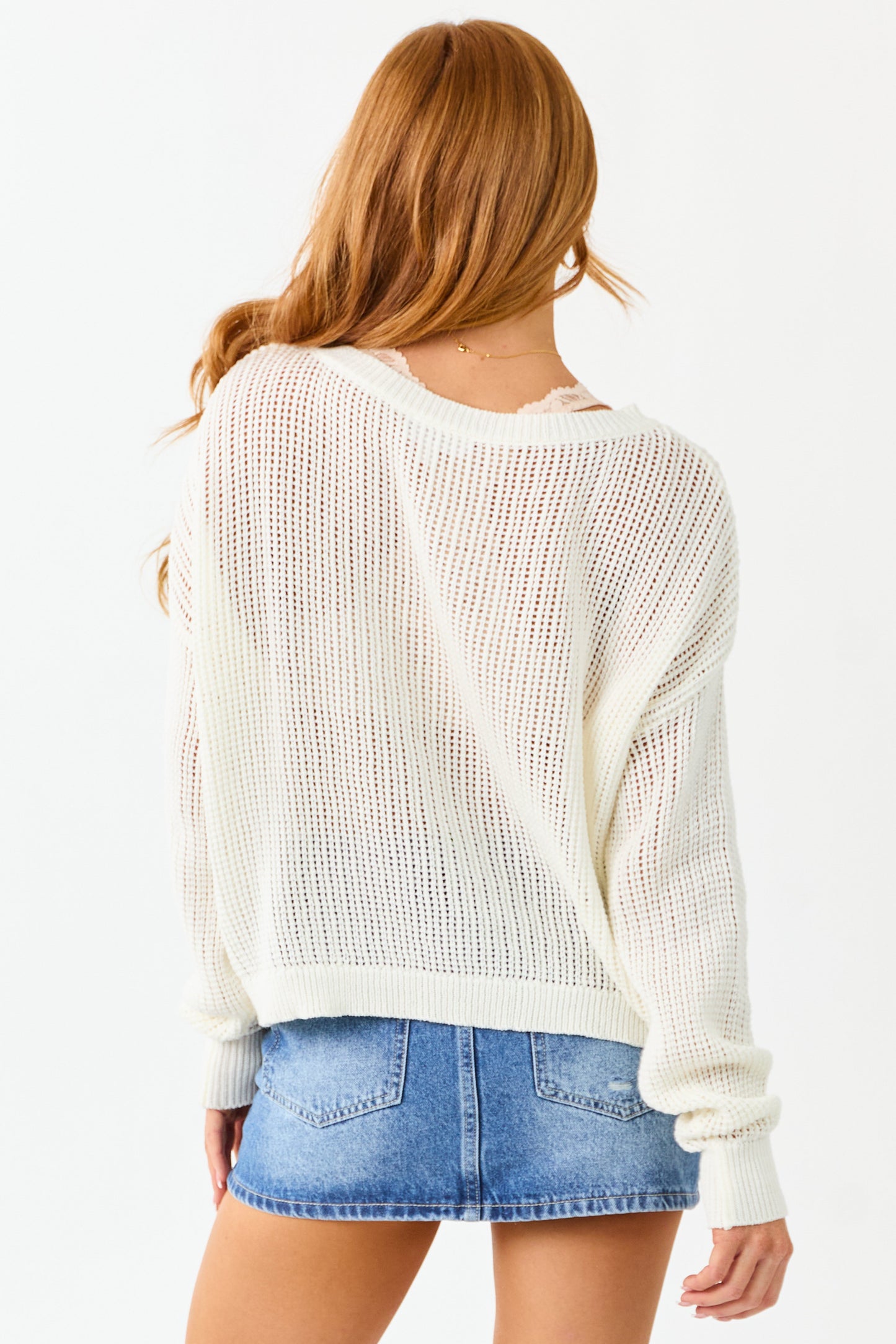 Ivory Teddy Bear Graphic Open Knit Sweater