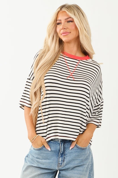 Ivory and Crimson Striped Half Sleeve Top