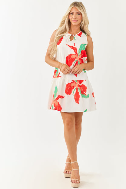 Ivory and Scarlet Tropical Print Tent Style Mini Dress