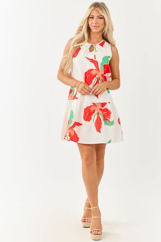 Ivory and Scarlet Tropical Print Tent Style Mini Dress