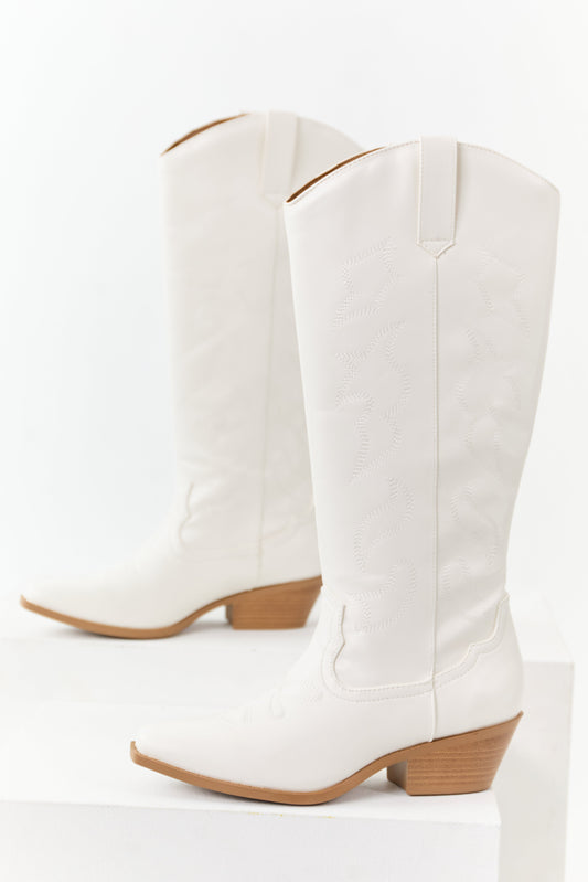 Ivory Faux Leather Western Embroidered Tall Boots