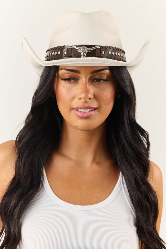 Ivory Faux Suede Longhorn Detail Cowboy Hat