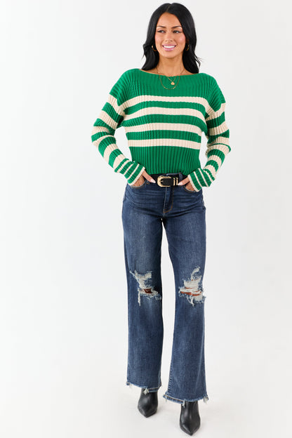 Kelly Green and Cream Stripe Boat Neck Sweater