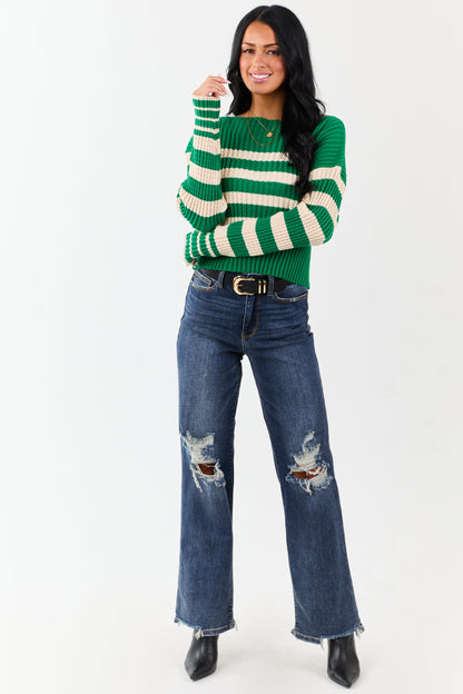 Kelly Green and Cream Stripe Boat Neck Sweater