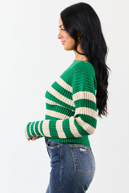 Kelly Green and Cream Stripe Boat Neck Sweater