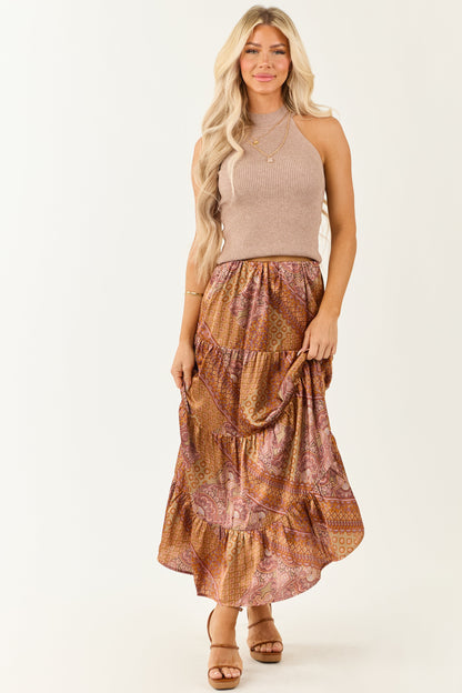 Khaki Scarf Print Satin Tiered Maxi Skirt