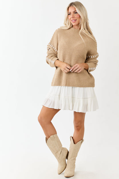 Latte Contrast Blanket Stitch Mock Neck Sweater