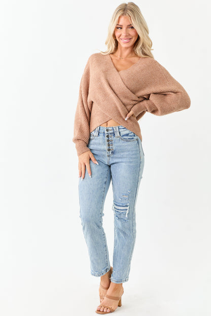 Latte Crossover V Neck Puff Sleeve Sweater