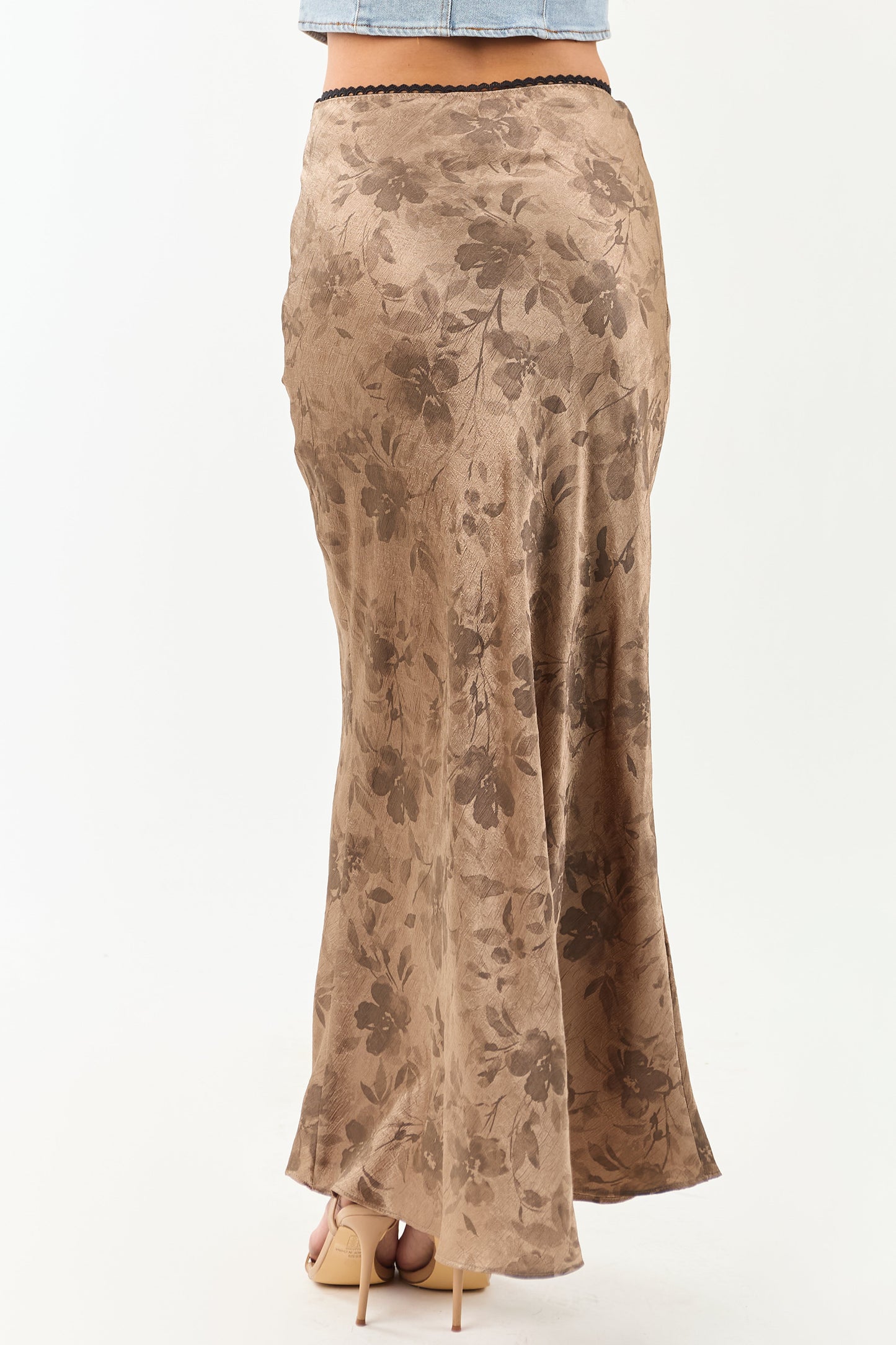 Latte Floral Print Textured Satin Maxi Skirt