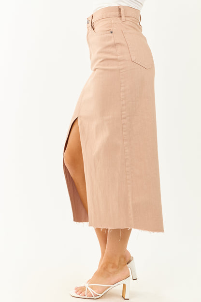 Latte Front Slit Raw Hem Denim Midi Skirt