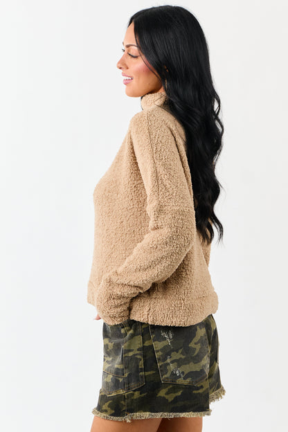 Latte Fuzzy Soft Knit Mock Neck Sweater