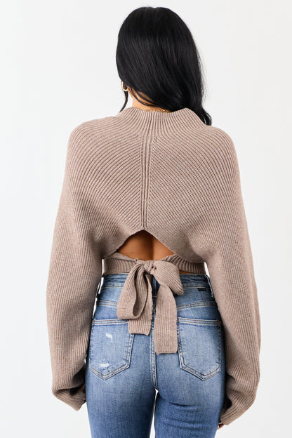 Latte Mock Neck Back Cut Out Ribbed Sweater