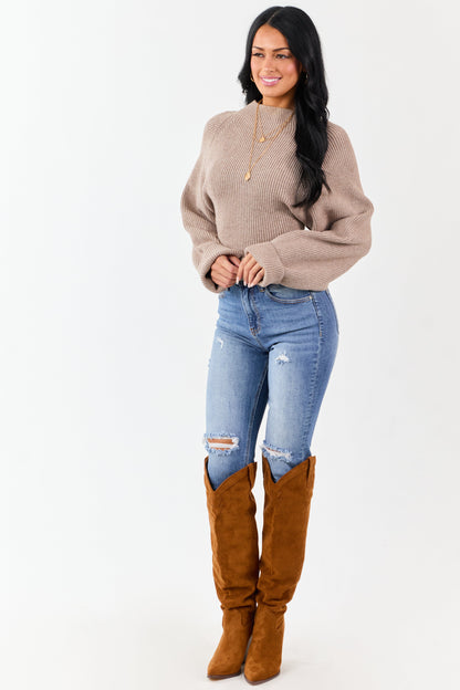 Latte Mock Neck Back Cut Out Ribbed Sweater