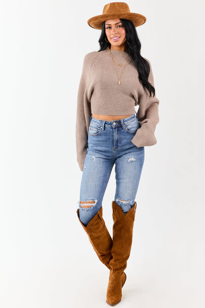 Latte Mock Neck Back Cut Out Ribbed Sweater