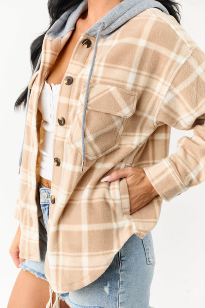 Latte Plaid Contrast Hood Button Down Fleece Jacket
