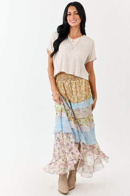 Lemon Multiprint Floral Ruffle Chiffon Maxi Skirt