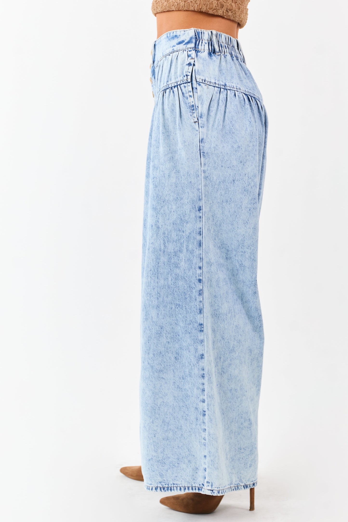 Light Acid Wash Button Fly High Rise Wide Leg Jeans