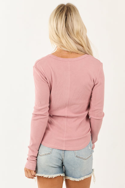 Light Dusty Rose Henley Soft Rib Knit Top