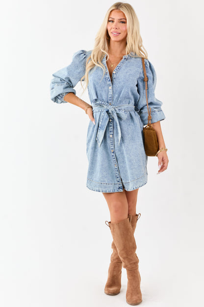 Light Mineral Wash Denim Waist Tie Short Shirt Dress