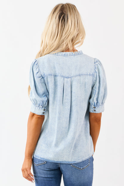Light Wash Chambray Denim Button Up Blouse