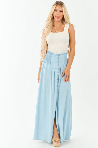 Light Wash Chambray Denim Front Slit Maxi Skirt