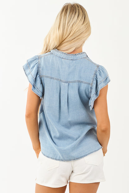 Light Wash Chambray Denim Ruffle Sleeve Top