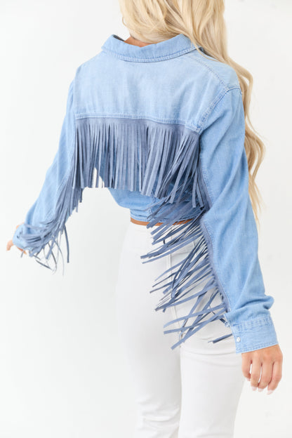 Light Wash Denim Button Up Tie Front Fringe Top