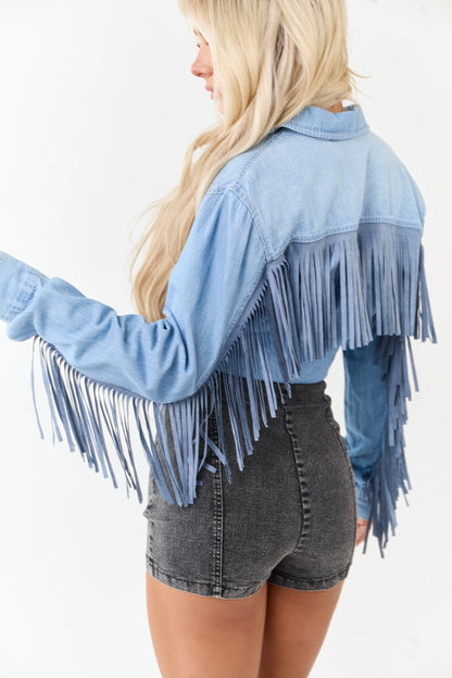 Light Wash Denim Button Up Tie Front Fringe Top
