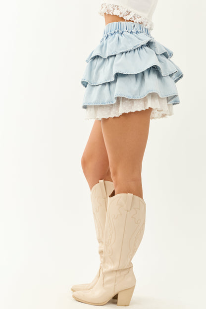 Light Wash Eyelet Lace Trim Ruffle Denim Mini Skirt