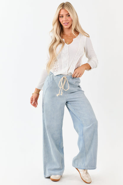 Light Wash Railroad Stripe Wide Leg Denim Pants