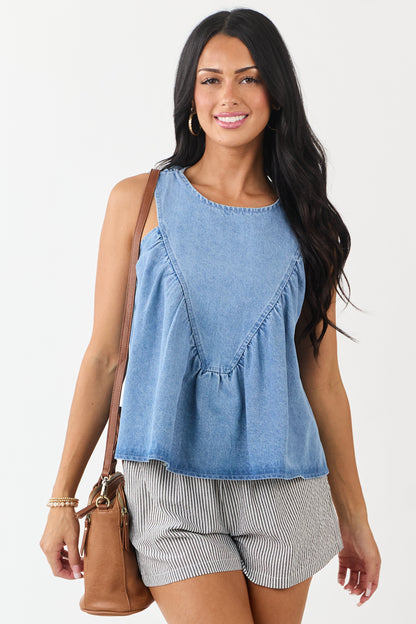 Light Wash Ruched Denim Tent Style Tank Top