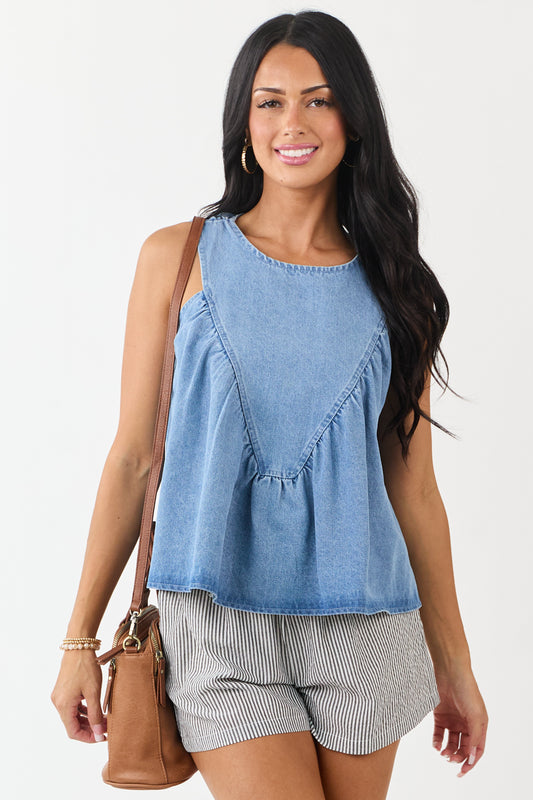 Light Wash Ruched Denim Tent Style Tank Top
