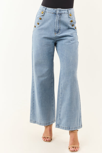 Light Wash Wide Leg High Rise Gold Button Jeans