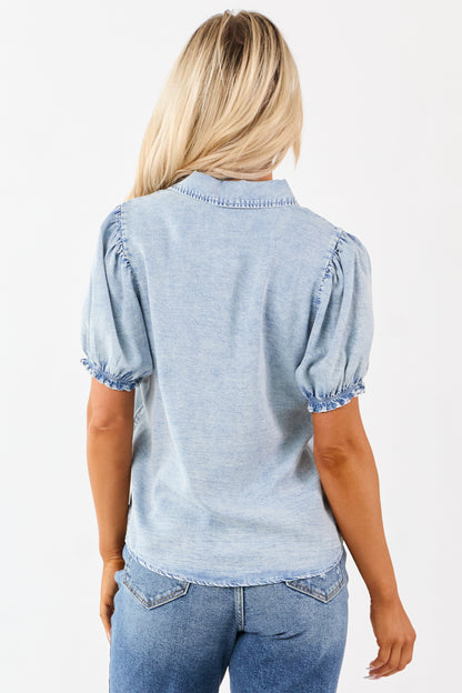 Light Washed Denim Puff Sleeve Button Up Top