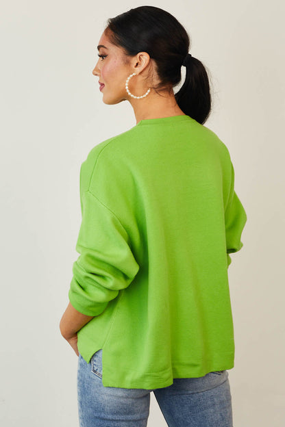 Lime Side Slit Drop Shoulder Thick Knit Sweater