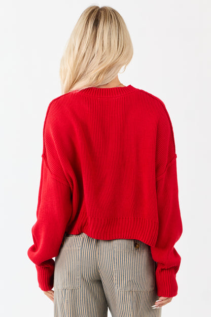 Lipstick Boxy Drop Shoulder Crop Rib Knit Sweater