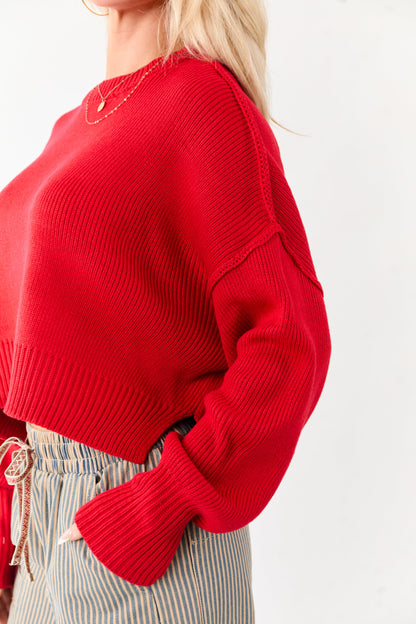 Lipstick Boxy Drop Shoulder Crop Rib Knit Sweater