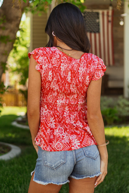 Lipstick Floral Print Smocked Short Sleeve Top