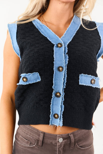 Listicle Black Knit Contrast Denim Trim Vest