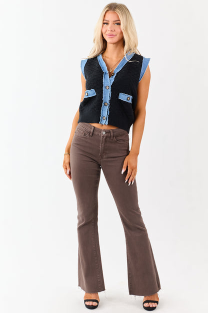 Listicle Black Knit Contrast Denim Trim Vest