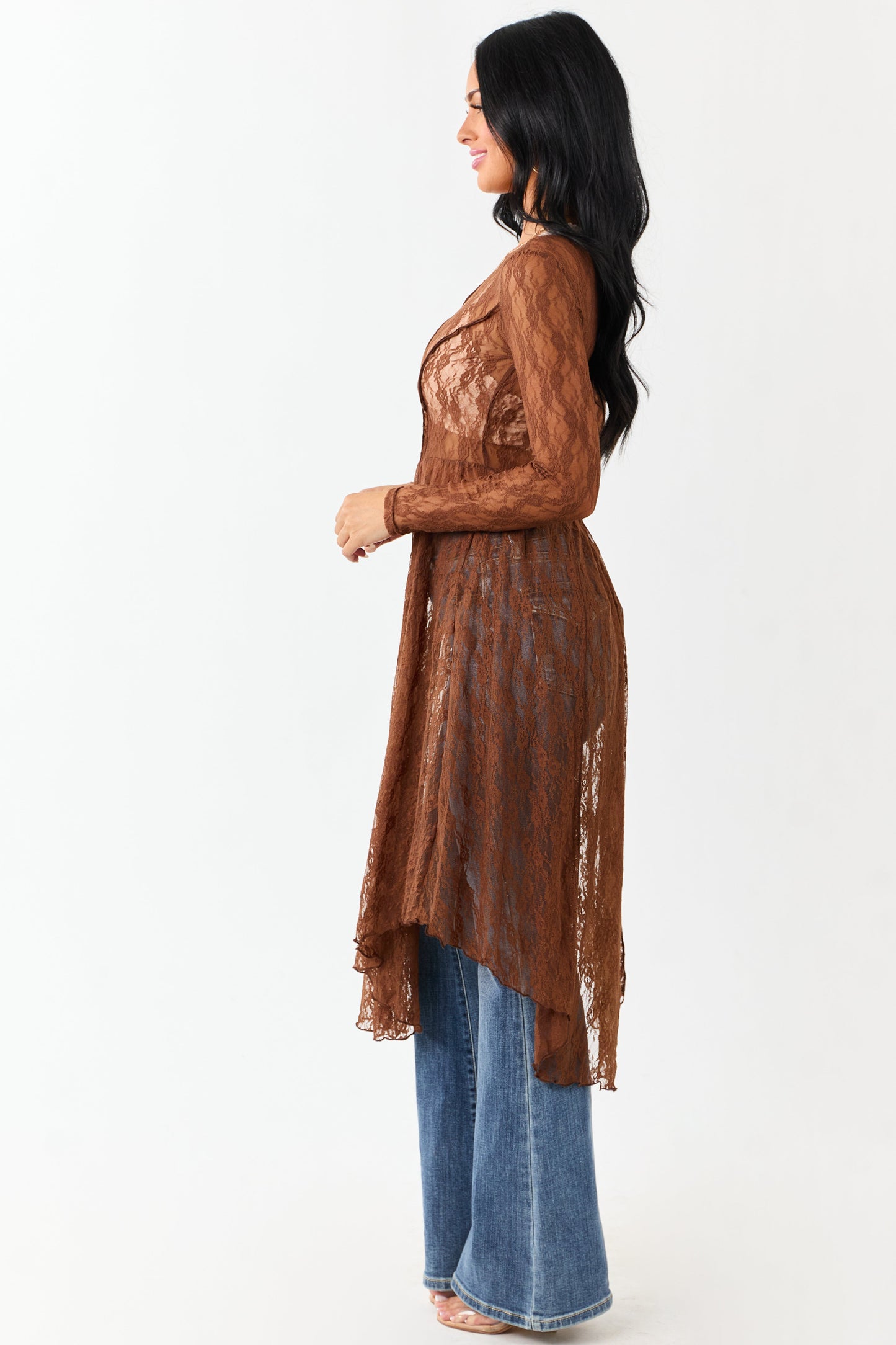 Listicle Sepia Sheer Floral Mesh Lace Midi Dress