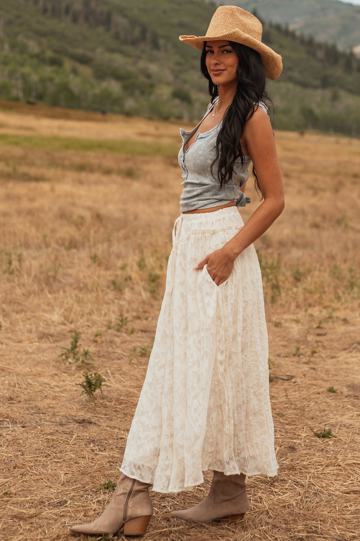 Listicle Vanilla Textured Floral Lace Maxi Skirt
