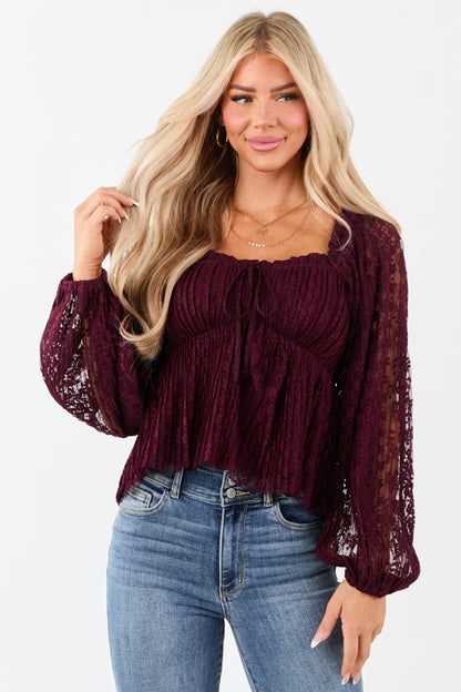 Listicle Wine Floral Lace Long Sleeve Babydoll Top