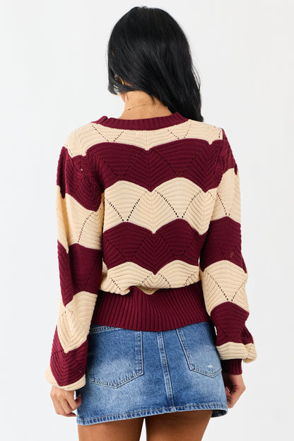 Listicle Wine Wavy Striped Open Knit Sweater