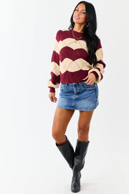 Listicle Wine Wavy Striped Open Knit Sweater