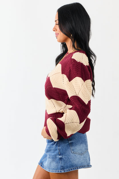 Listicle Wine Wavy Striped Open Knit Sweater
