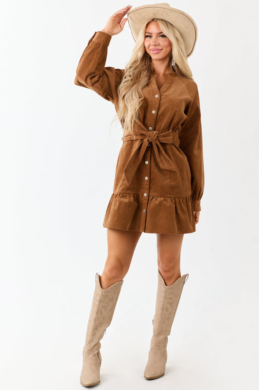 Lovelo Brown Sugar Long Sleeve Corduroy Short Dress