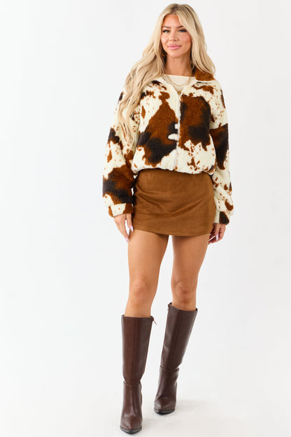 Lovelo Cream Cow Print Sherpa Zip Up Jacket