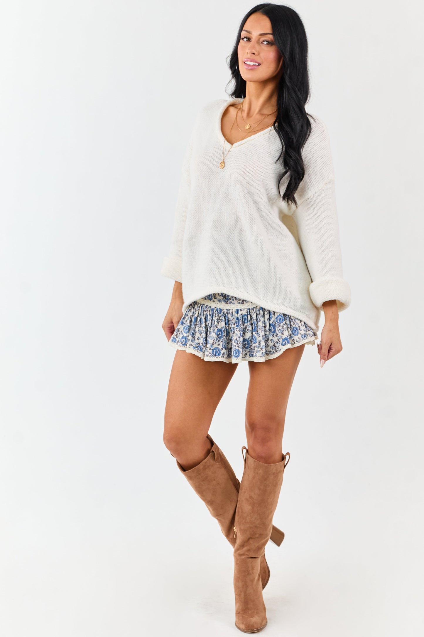 Lovelo Ivory V Neck Long Sleeve Chunky Knit Sweater